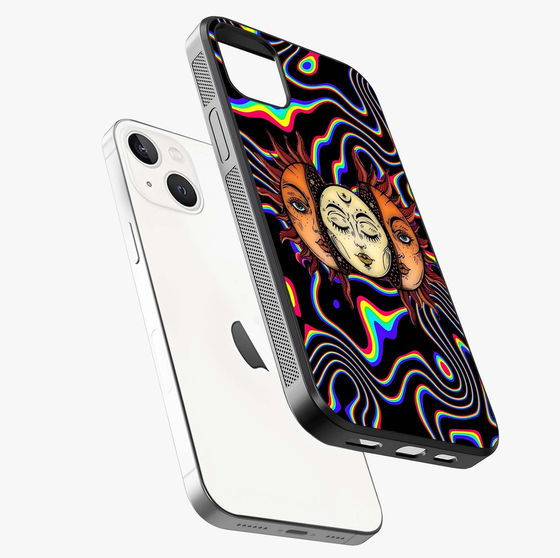 Psychedelic Sun Glass Case laid diagonally highlighting side profile, edges and glossy glass shine.