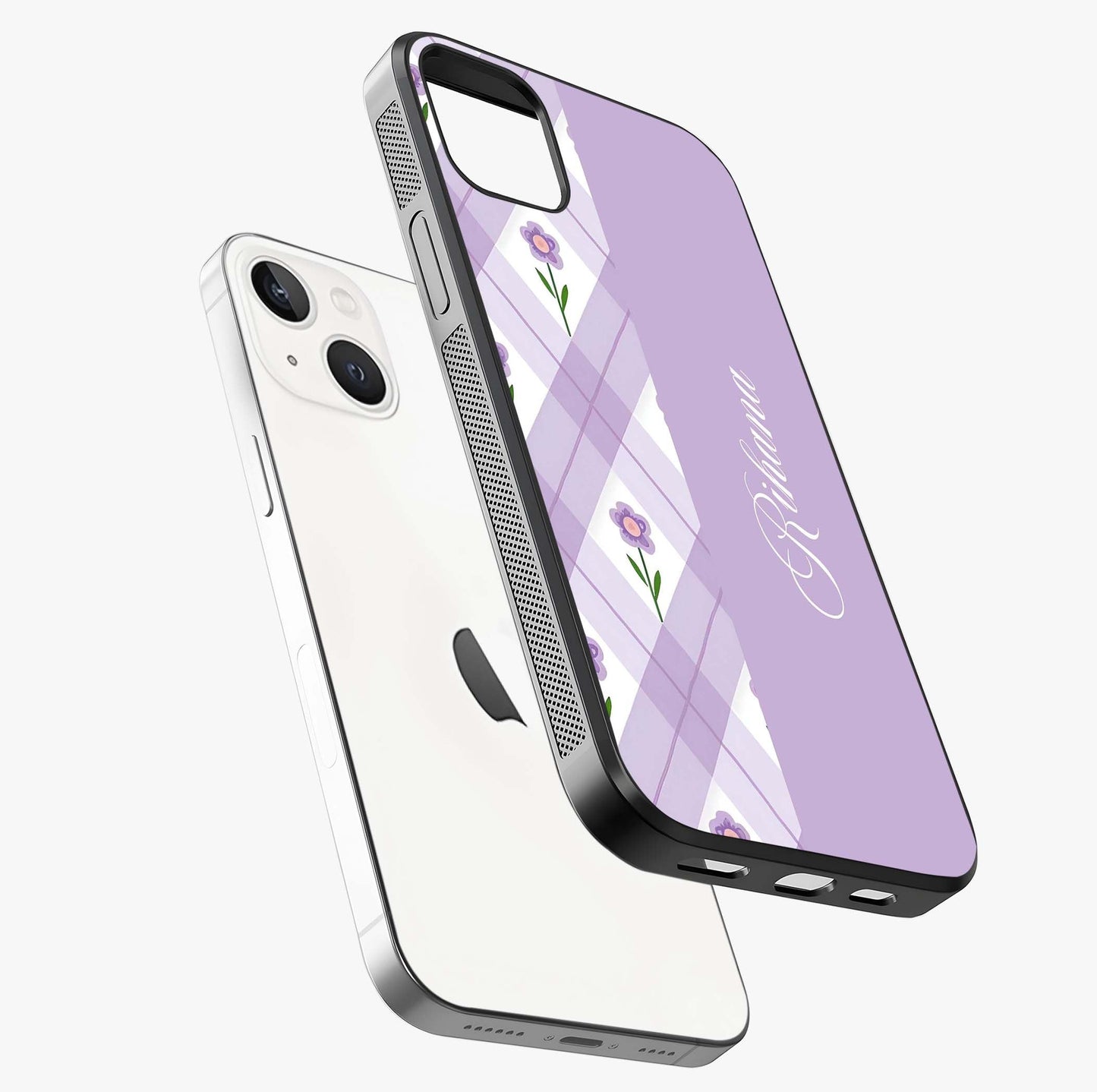 Purple Diamond Floral Glass Case laid diagonally highlighting side profile, edges and glossy glass shine.