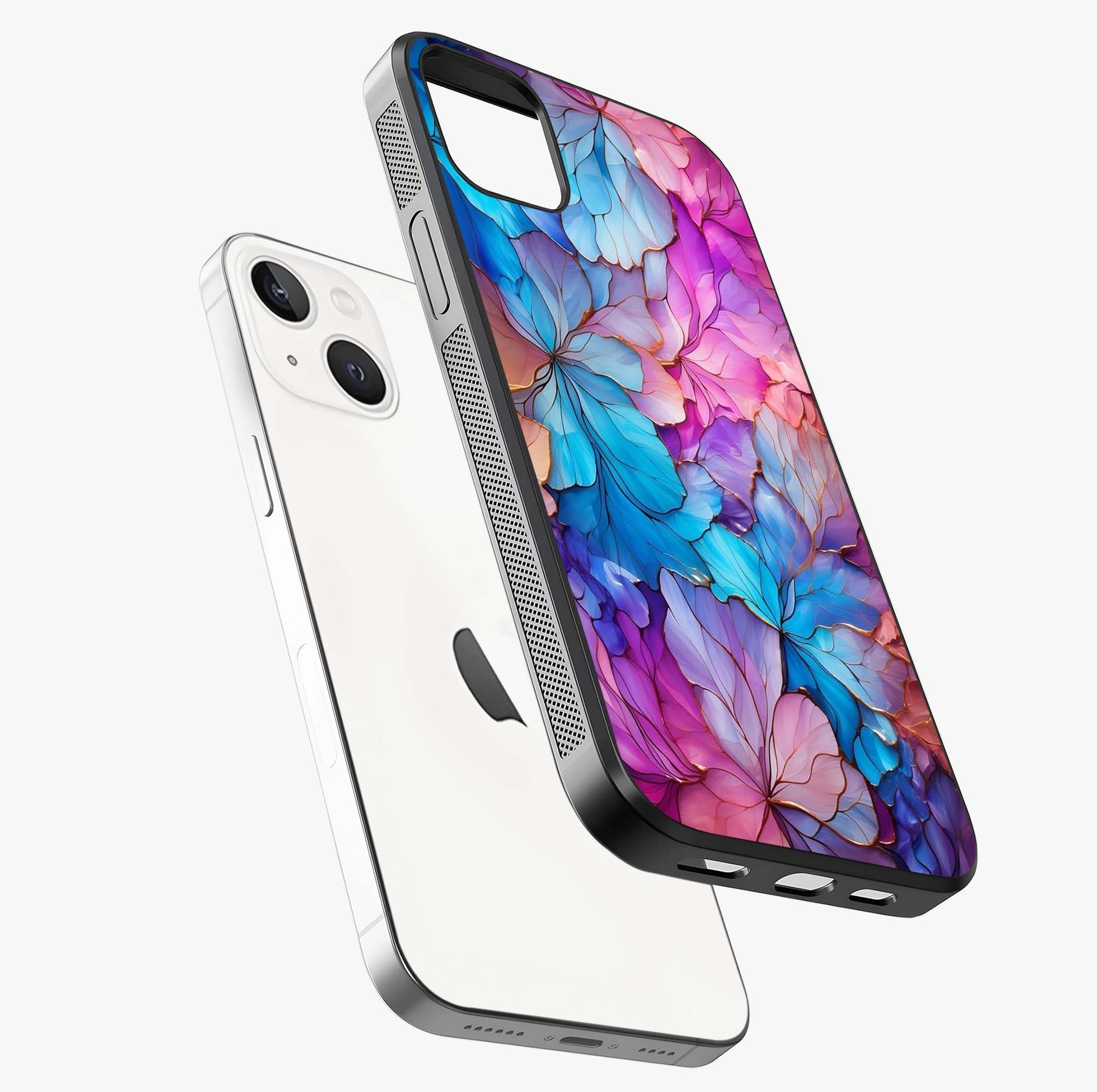 Radiant Floral Whirl Glass Case laid diagonally highlighting side profile, edges and glossy glass shine.