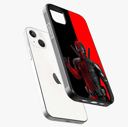 Red & Black Deadpool Theme Glass Case laid diagonally highlighting side profile, edges and glossy glass shine.