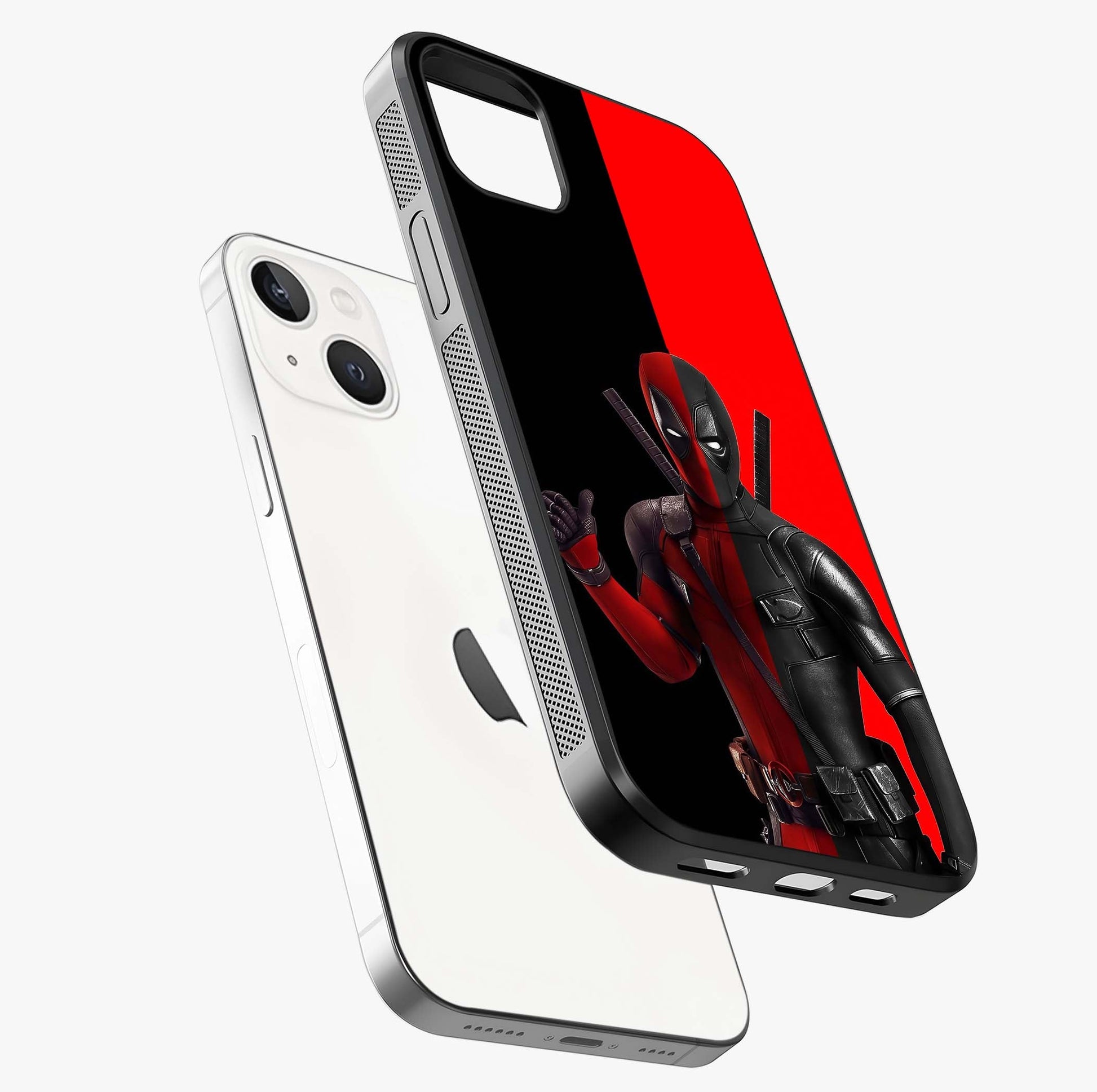Red & Black Deadpool Theme Glass Case laid diagonally highlighting side profile, edges and glossy glass shine.