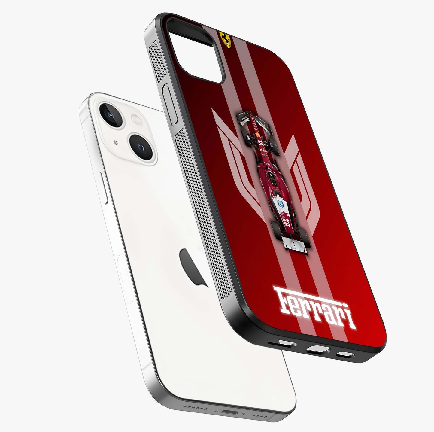 Red Ferrari F1 Vertical Glass Case laid diagonally highlighting side profile, edges and glossy glass shine.