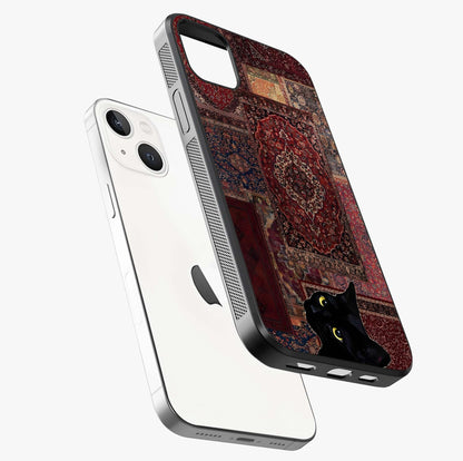 Regal Magic Cat Apple Glass Case laid diagonally highlighting side profile, edges and glossy glass shine.