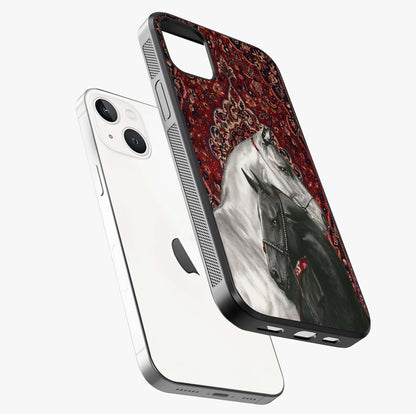 Regal Stallion Tapestry Glass Case laid diagonally highlighting side profile, edges and glossy glass shine.