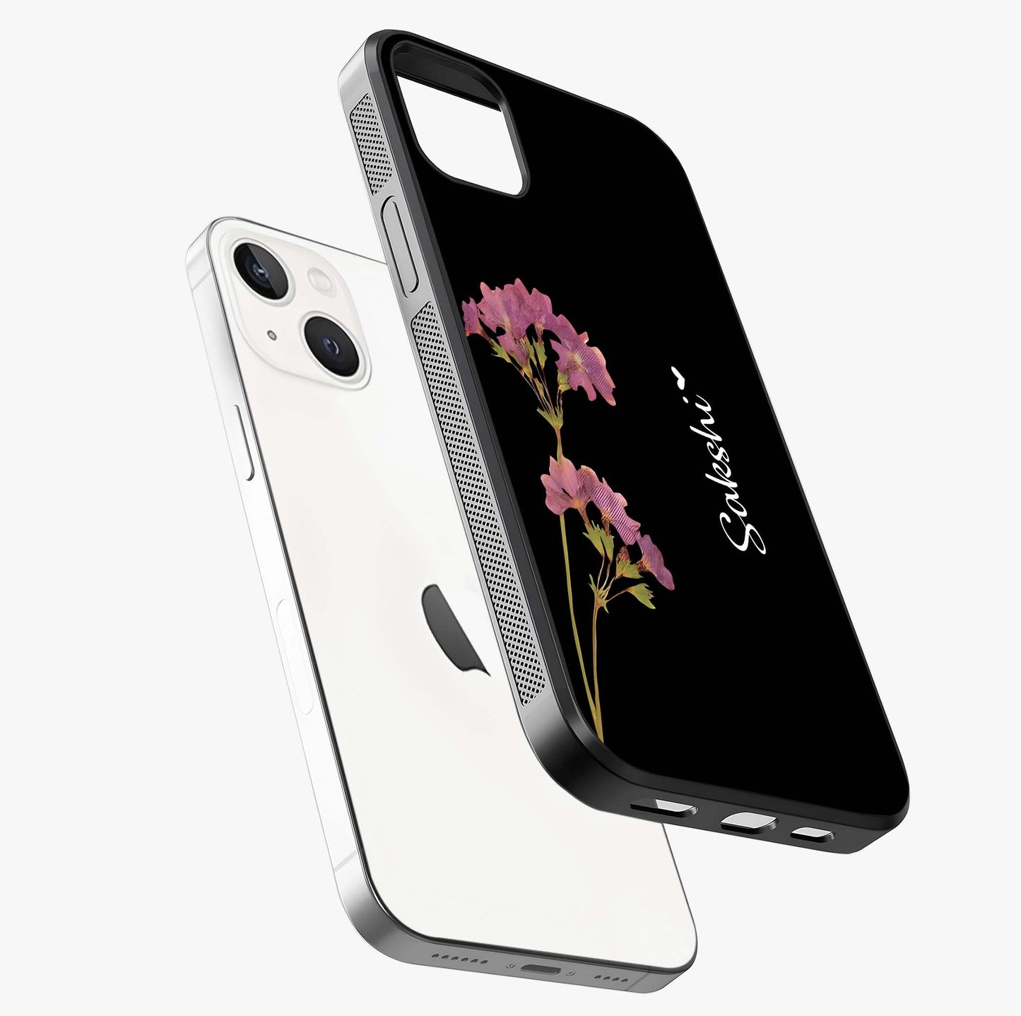 Riching Lavender Flower Custom Name Glass Case laid diagonally highlighting side profile, edges and glossy glass shine.
