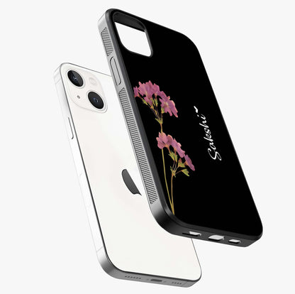 Riching Lavender Flower Custom Name Glass Case laid diagonally highlighting side profile, edges and glossy glass shine.
