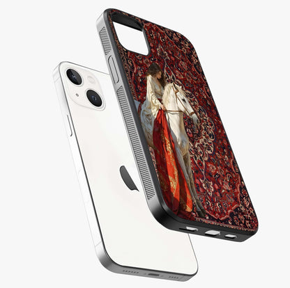 Royal Rider Tapestry Glass Case laid diagonally highlighting side profile, edges and glossy glass shine.
