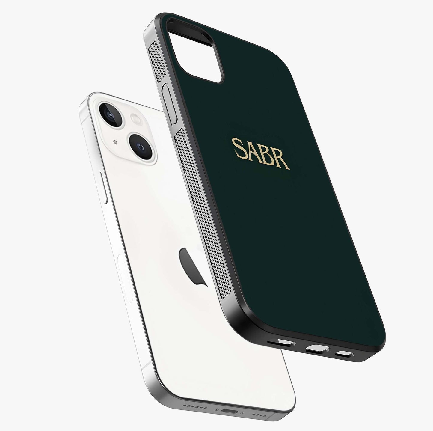 Sabr Minimal Patience Glass Case laid diagonally highlighting side profile, edges and glossy glass shine.