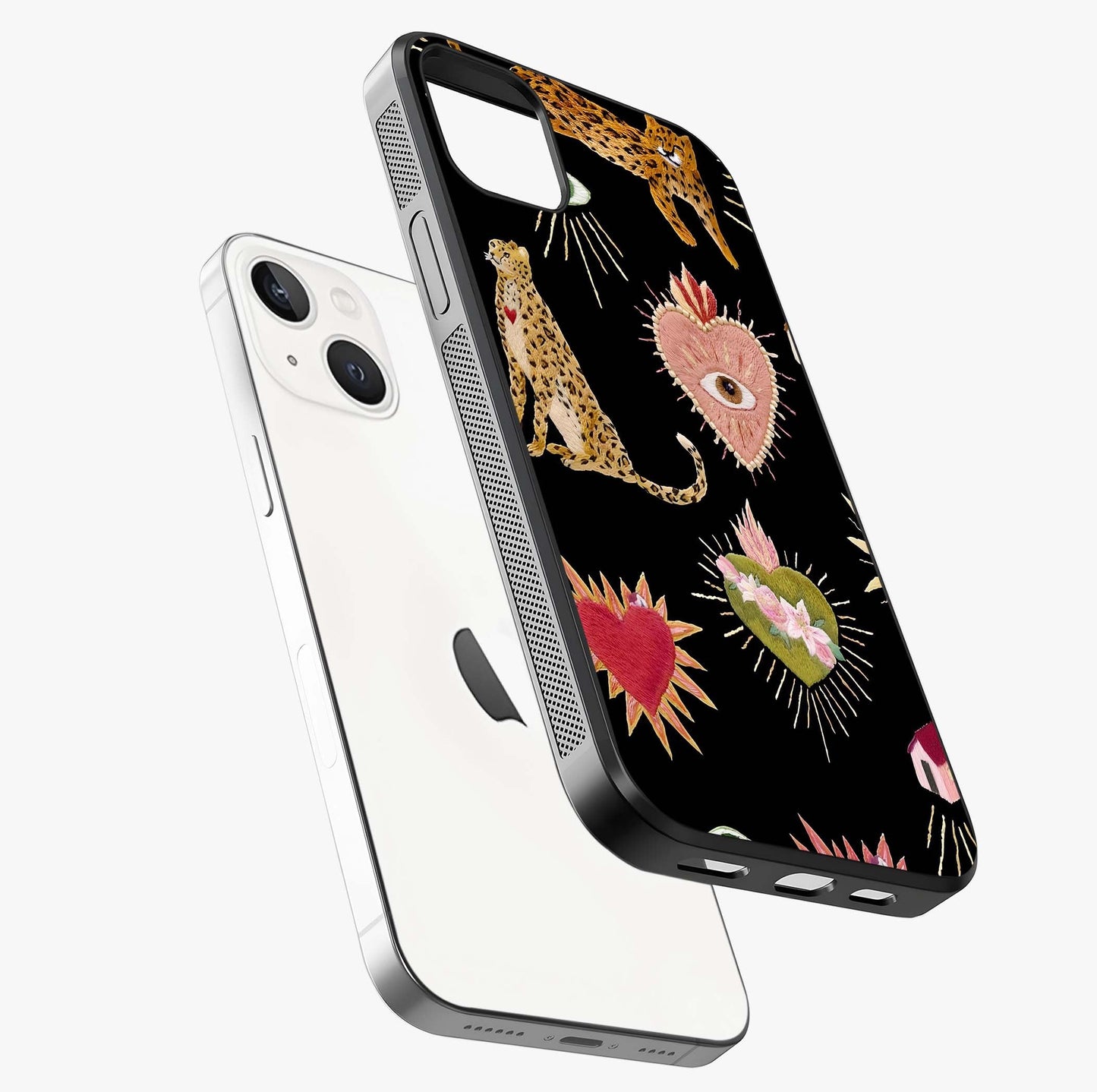 Sacred Jungle Heart Glass Case laid diagonally highlighting side profile, edges and glossy glass shine.