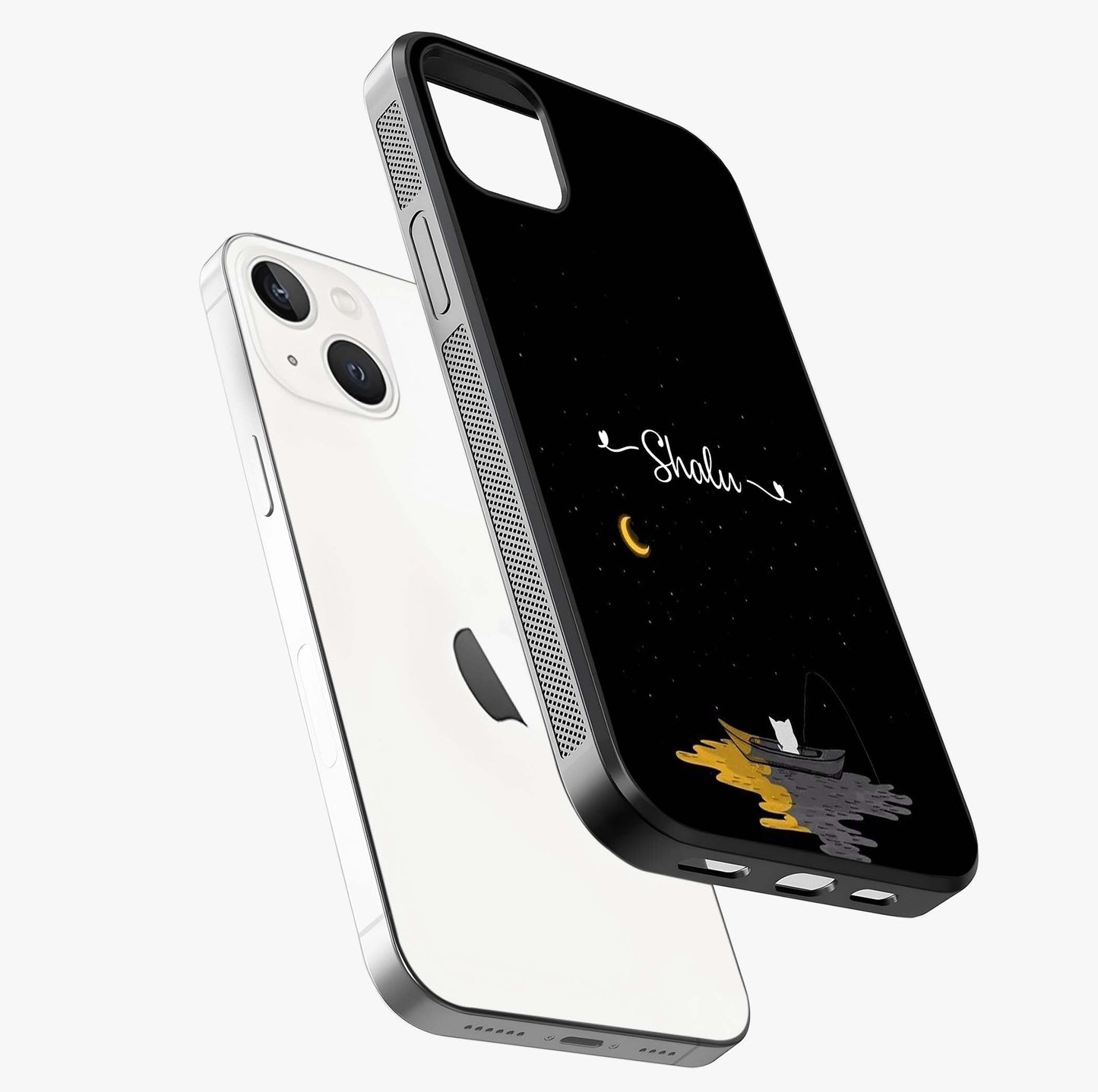 Silent Night Row Glass Case laid diagonally highlighting side profile, edges and glossy glass shine.