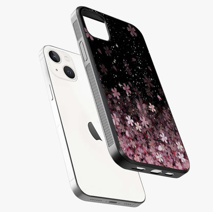 Small Starry Flowers Glass Case laid diagonally highlighting side profile, edges and glossy glass shine.