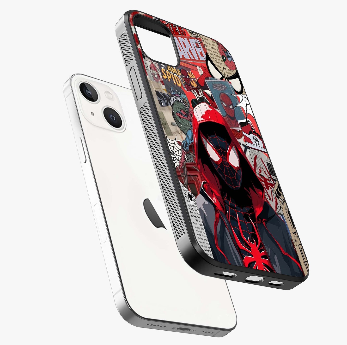 Spider Collage Street Glass Case laid diagonally highlighting side profile, edges and glossy glass shine.