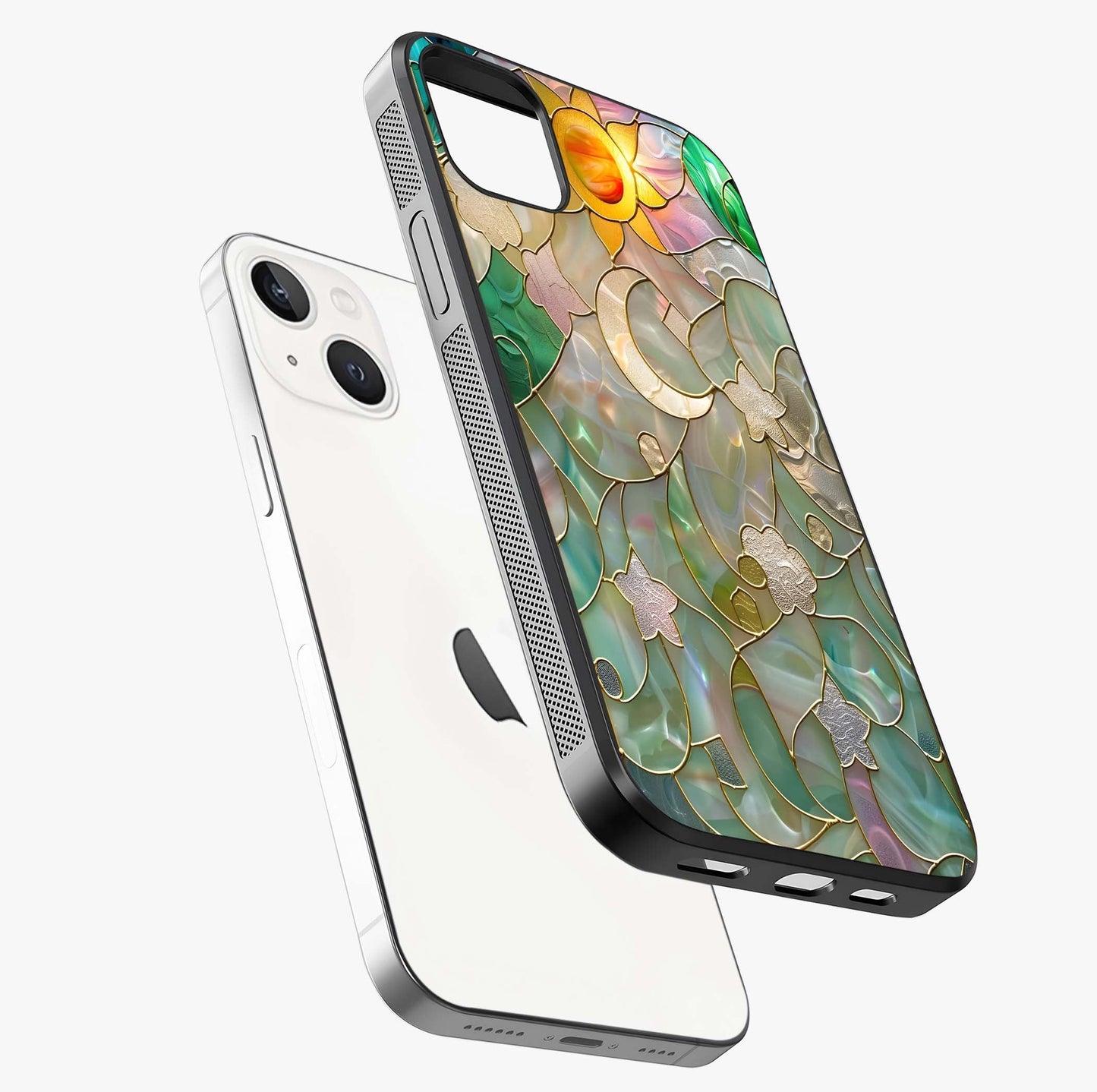 Stained Sunrise Glow Glass Case laid diagonally highlighting side profile, edges and glossy glass shine.