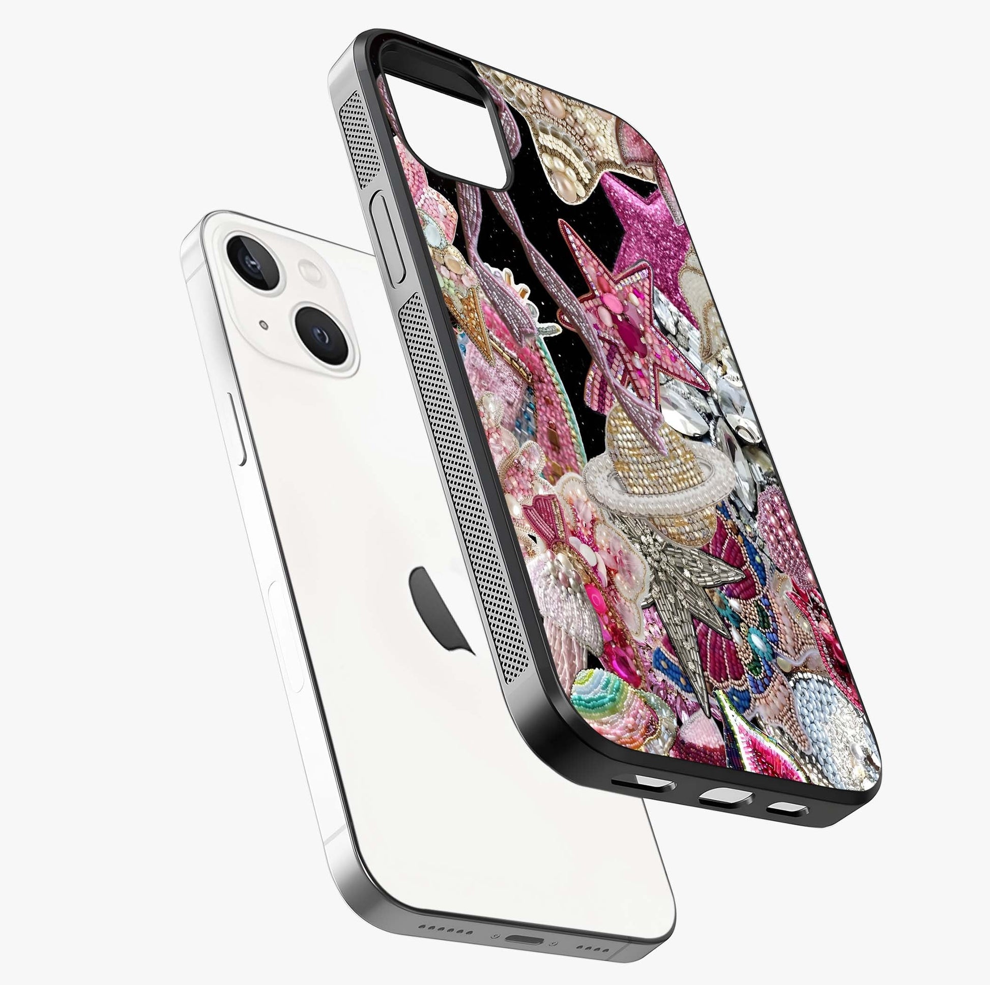 Starlit Jewel Dream Glass Case laid diagonally highlighting side profile, edges and glossy glass shine.