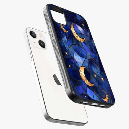 Starlit Sky Tapestry Glass Case laid diagonally highlighting side profile, edges and glossy glass shine.
