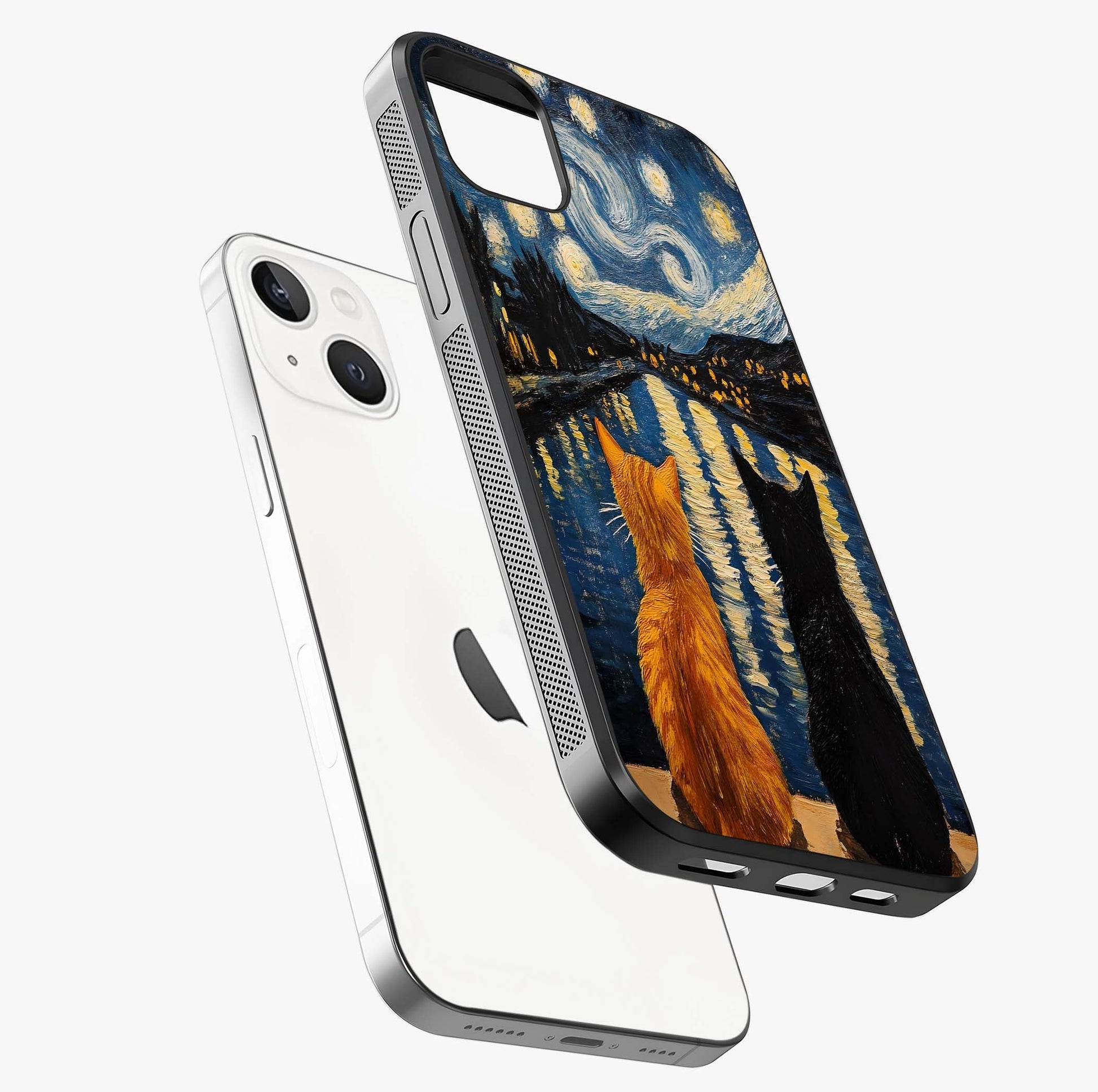 Starry River Cats Glass Case laid diagonally highlighting side profile, edges and glossy glass shine.