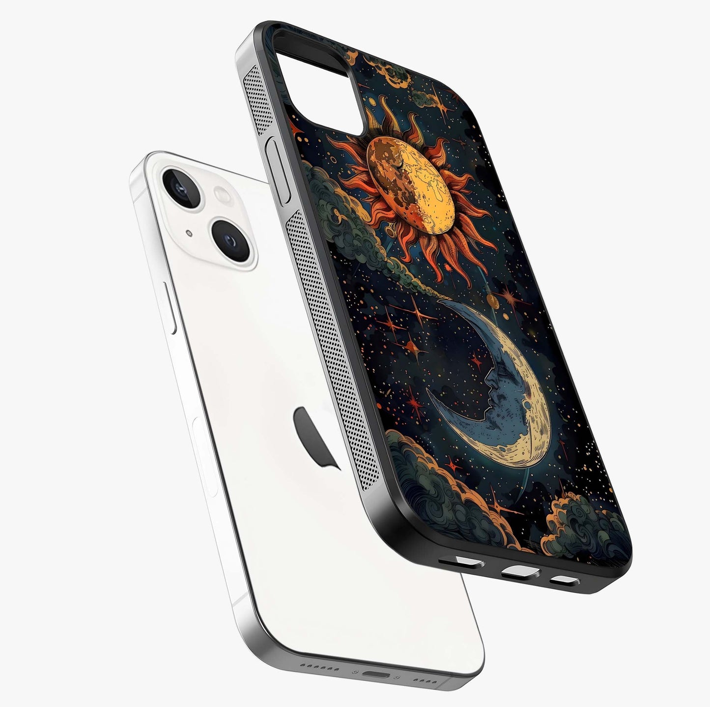 Sun And Moon Magic Design Glass Case laid diagonally highlighting side profile, edges and glossy glass shine.