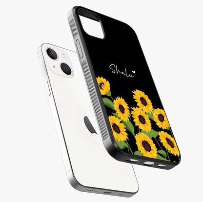 Sunflower Chic Mood Custom Name Glass Case laid diagonally highlighting side profile, edges and glossy glass shine.