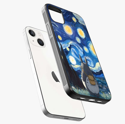 Totoro In Van Gogh Art Glass Case laid diagonally highlighting side profile, edges and glossy glass shine.