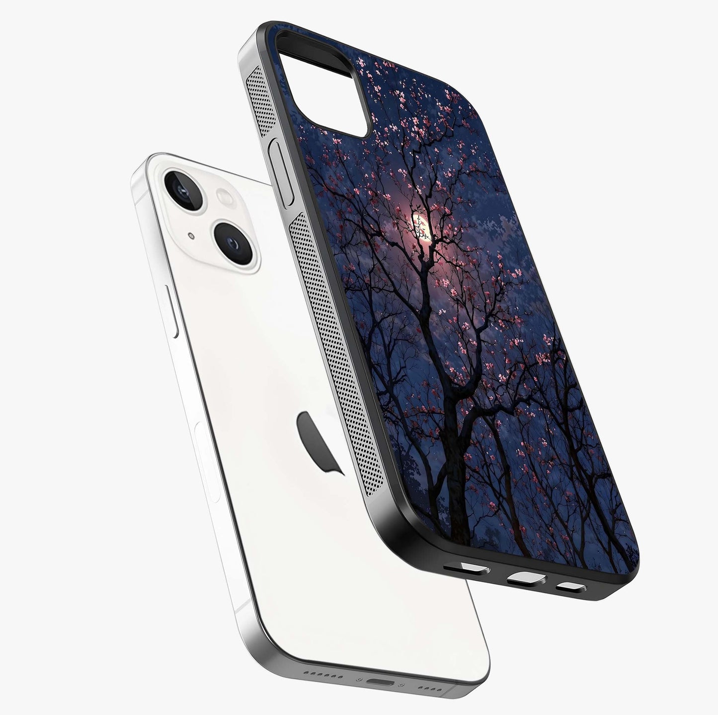 Twilight Sakura Serenade Glass Case laid diagonally highlighting side profile, edges and glossy glass shine.