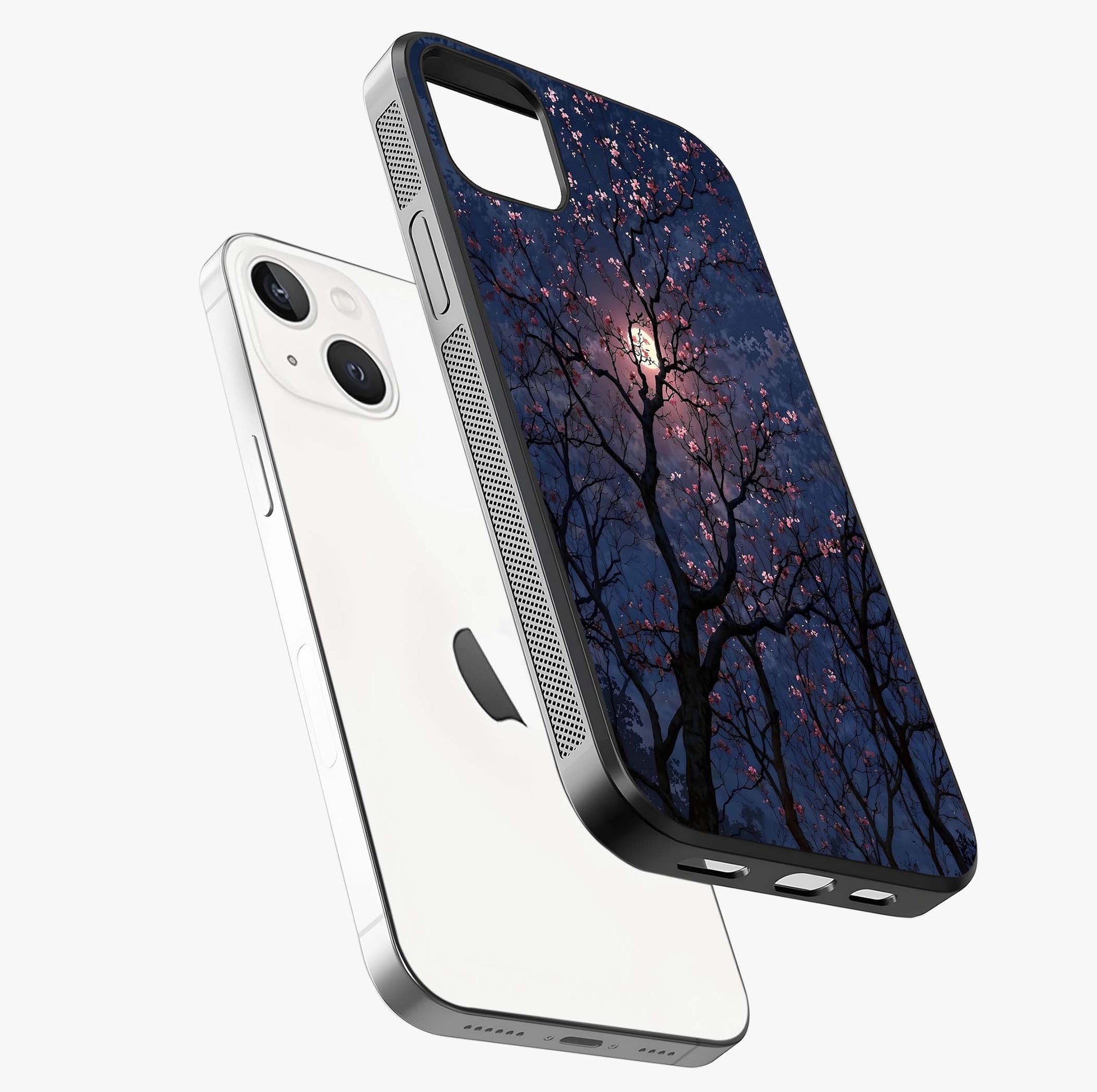 Twilight Sakura Serenade Glass Case laid diagonally highlighting side profile, edges and glossy glass shine.