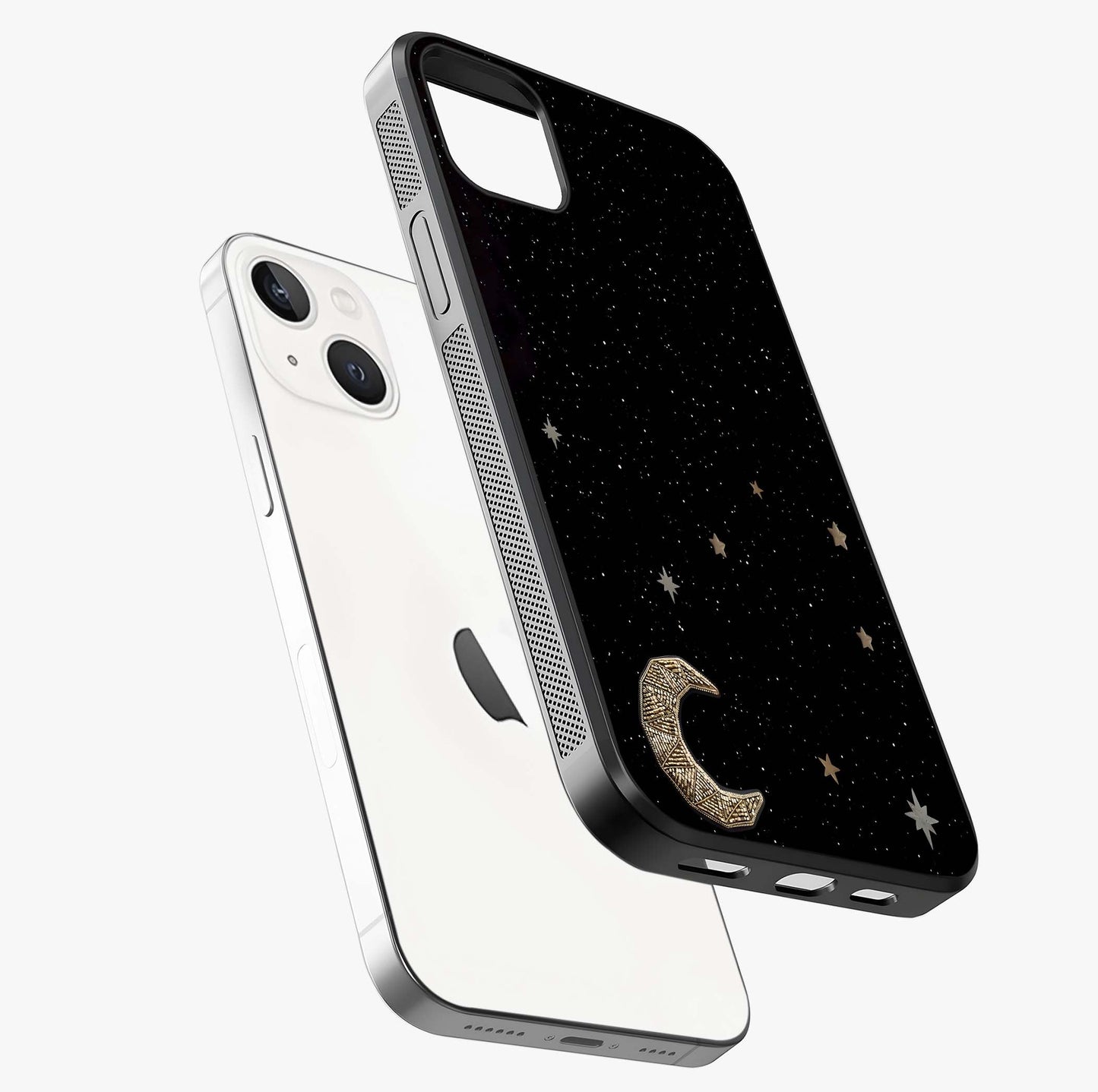 Twinkle Star With Half Moon Glass Case laid diagonally highlighting side profile, edges and glossy glass shine.
