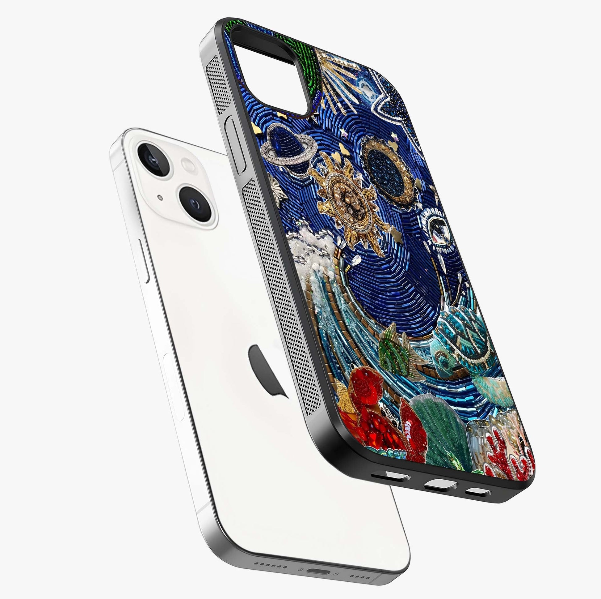 Universe Underwater Spark Glass Case laid diagonally highlighting side profile, edges and glossy glass shine.