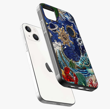 Universe Underwater Spark Glass Case laid diagonally highlighting side profile, edges and glossy glass shine.