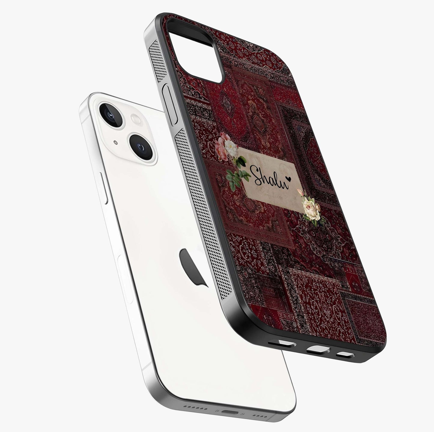 Velvet Wine Pattern Custom Name Glass Case laid diagonally highlighting side profile, edges and glossy glass shine.