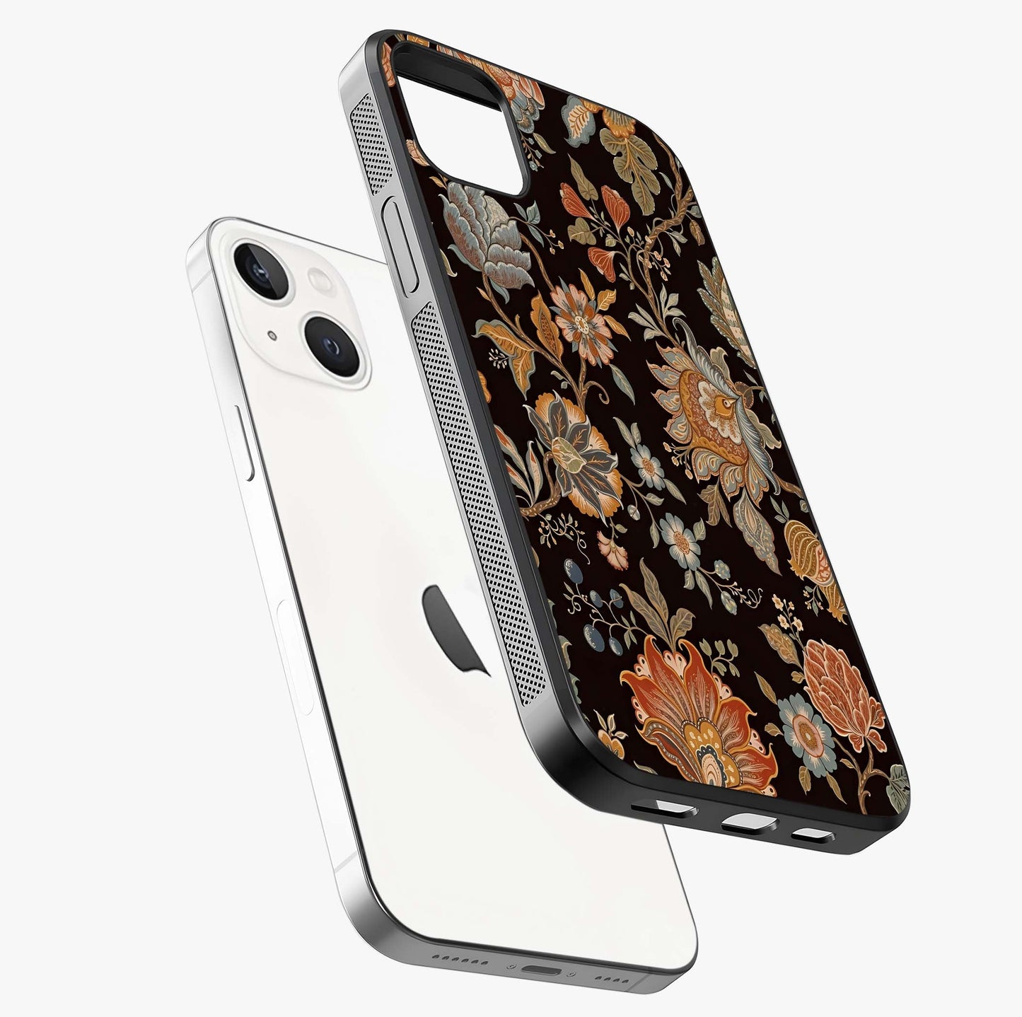 Vintage Floral Dream Glass Case laid diagonally highlighting side profile, edges and glossy glass shine.