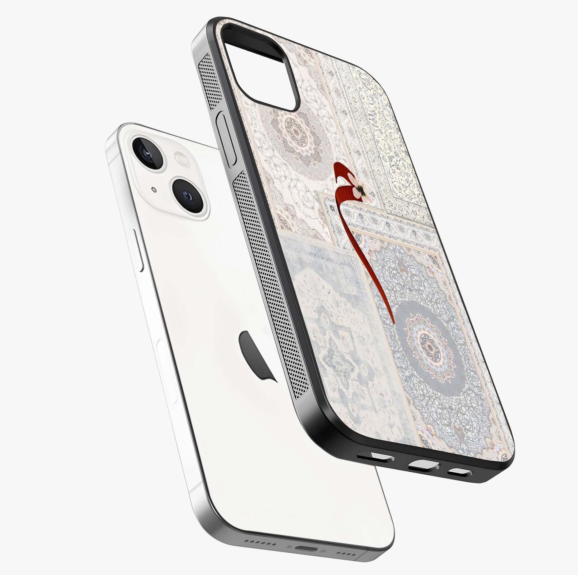 White Aesthetic Bow Glass Case laid diagonally highlighting side profile, edges and glossy glass shine.