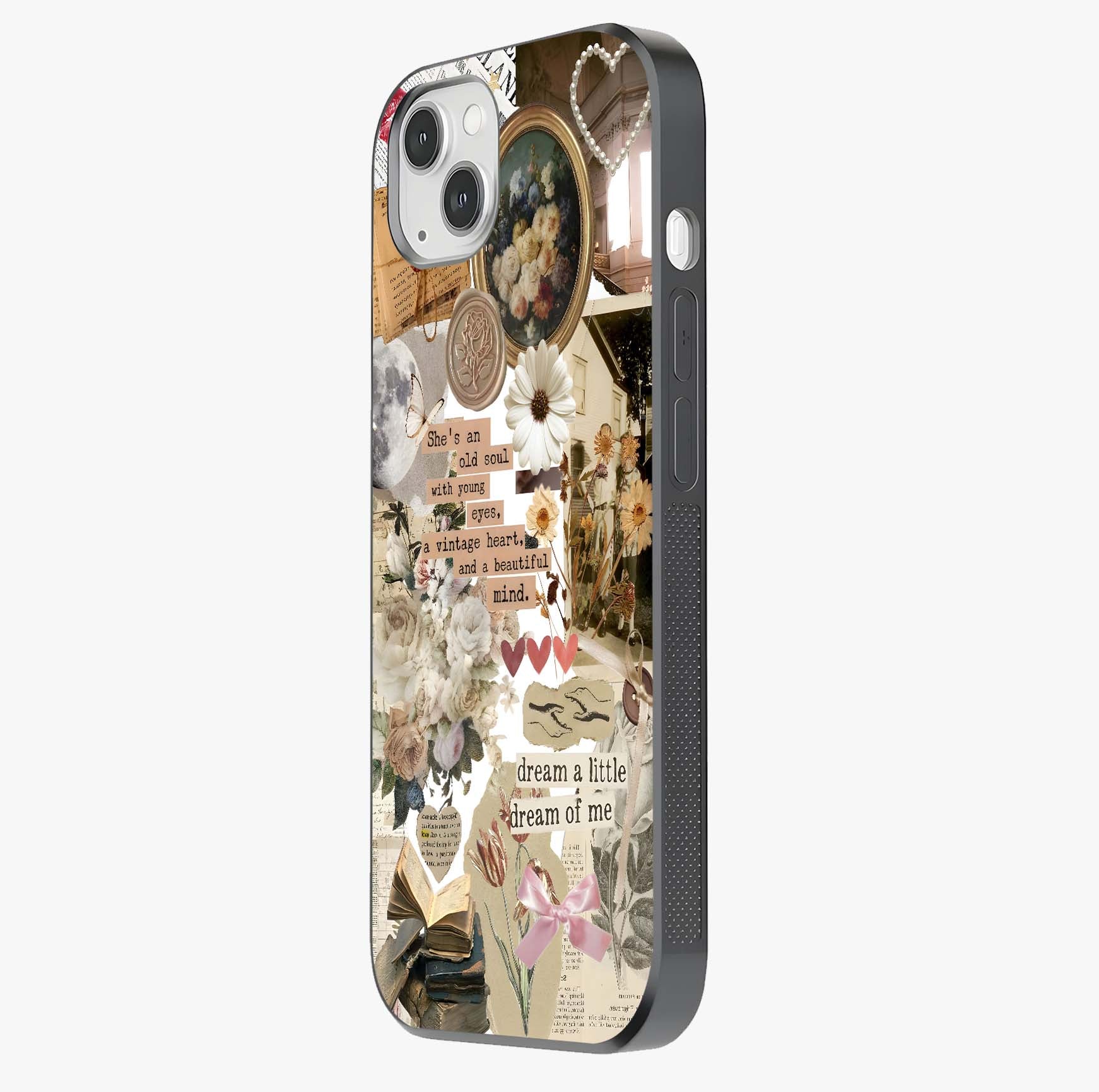 Aesthetic Brown Vintage Collage Glass Case photographed in natural light showing reflective finish and design depth.