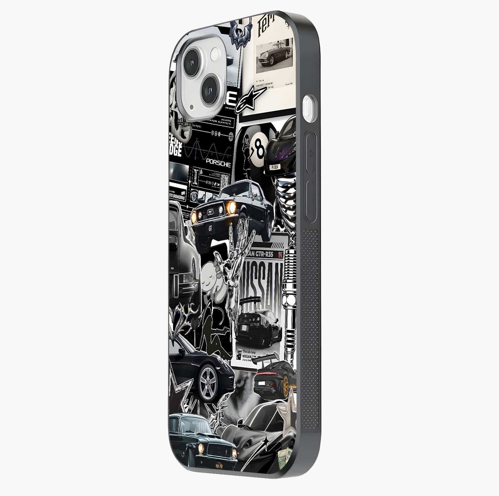 Aesthetic Dark Love Glass Case photographed in natural light showing reflective finish and design depth.