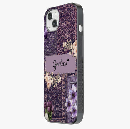 Antique Floral Whisper Custom Name Glass Case photographed in natural light showing reflective finish and design depth.