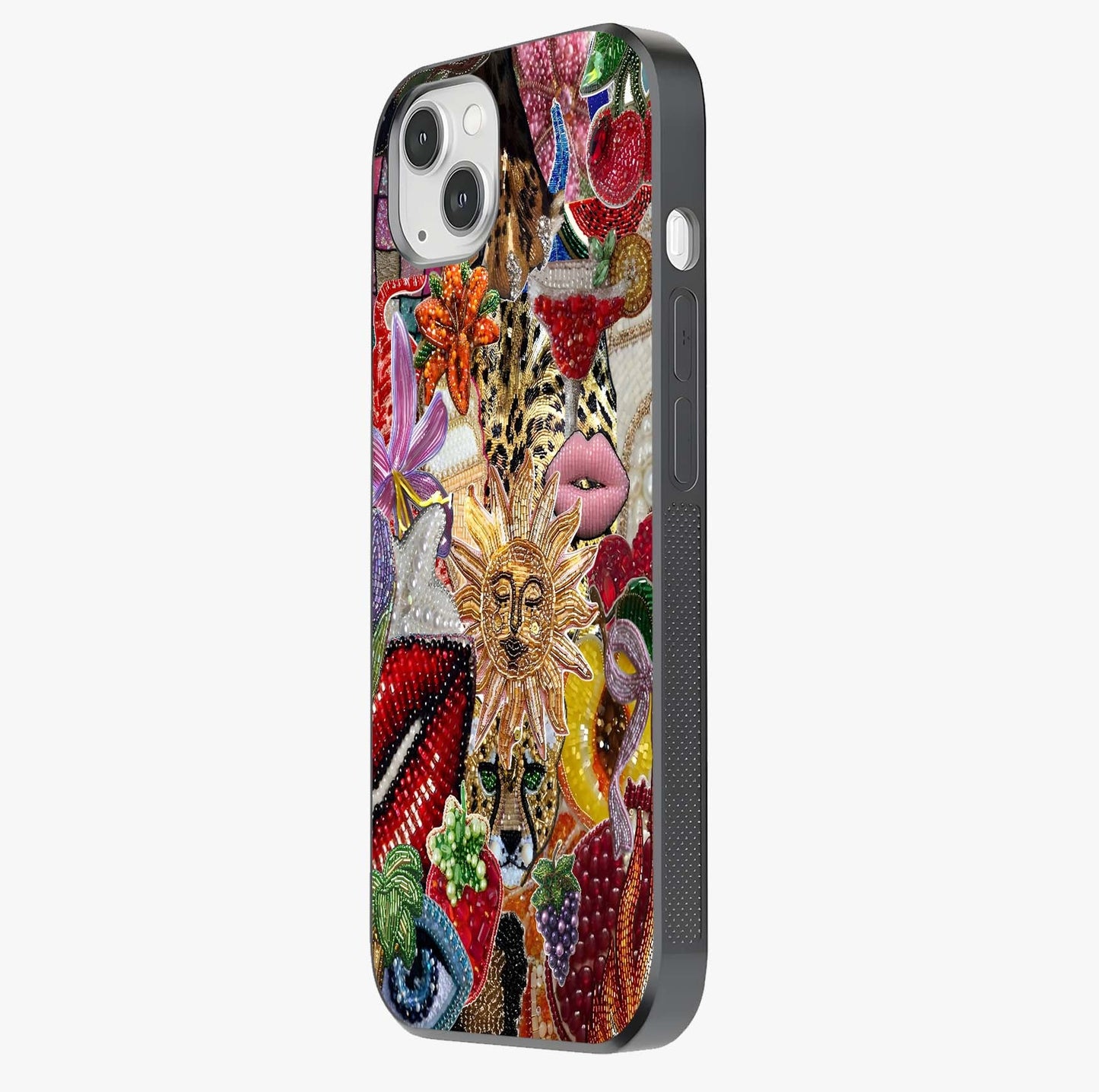 Beaded Fashion Jungle Glass Case photographed in natural light showing reflective finish and design depth.