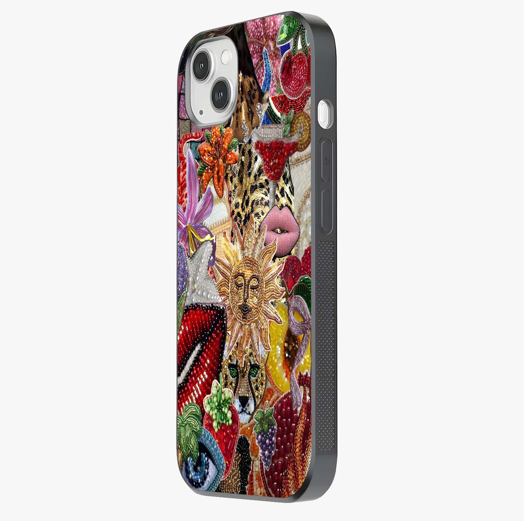 Beaded Fashion Jungle Glass Case photographed in natural light showing reflective finish and design depth.