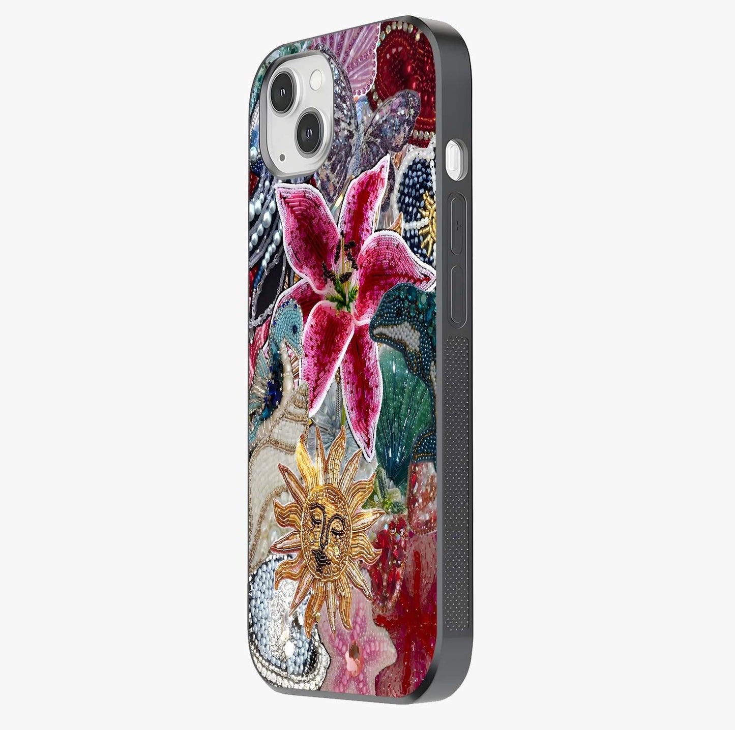 Beaded Garden Fantasy Glass Case photographed in natural light showing reflective finish and design depth.