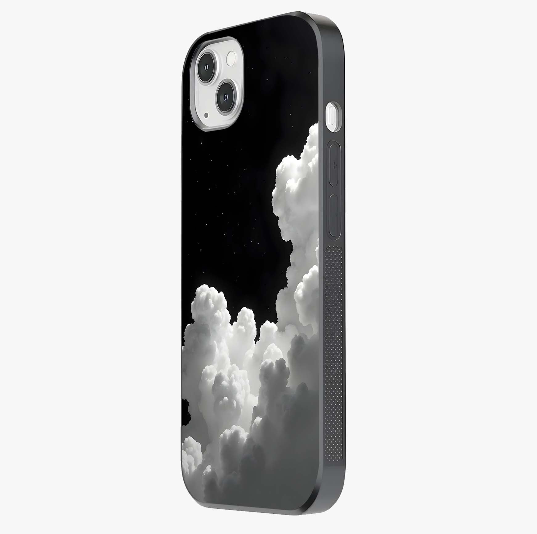Black Background With White Cloud Glass Case photographed in natural light showing reflective finish and design depth.