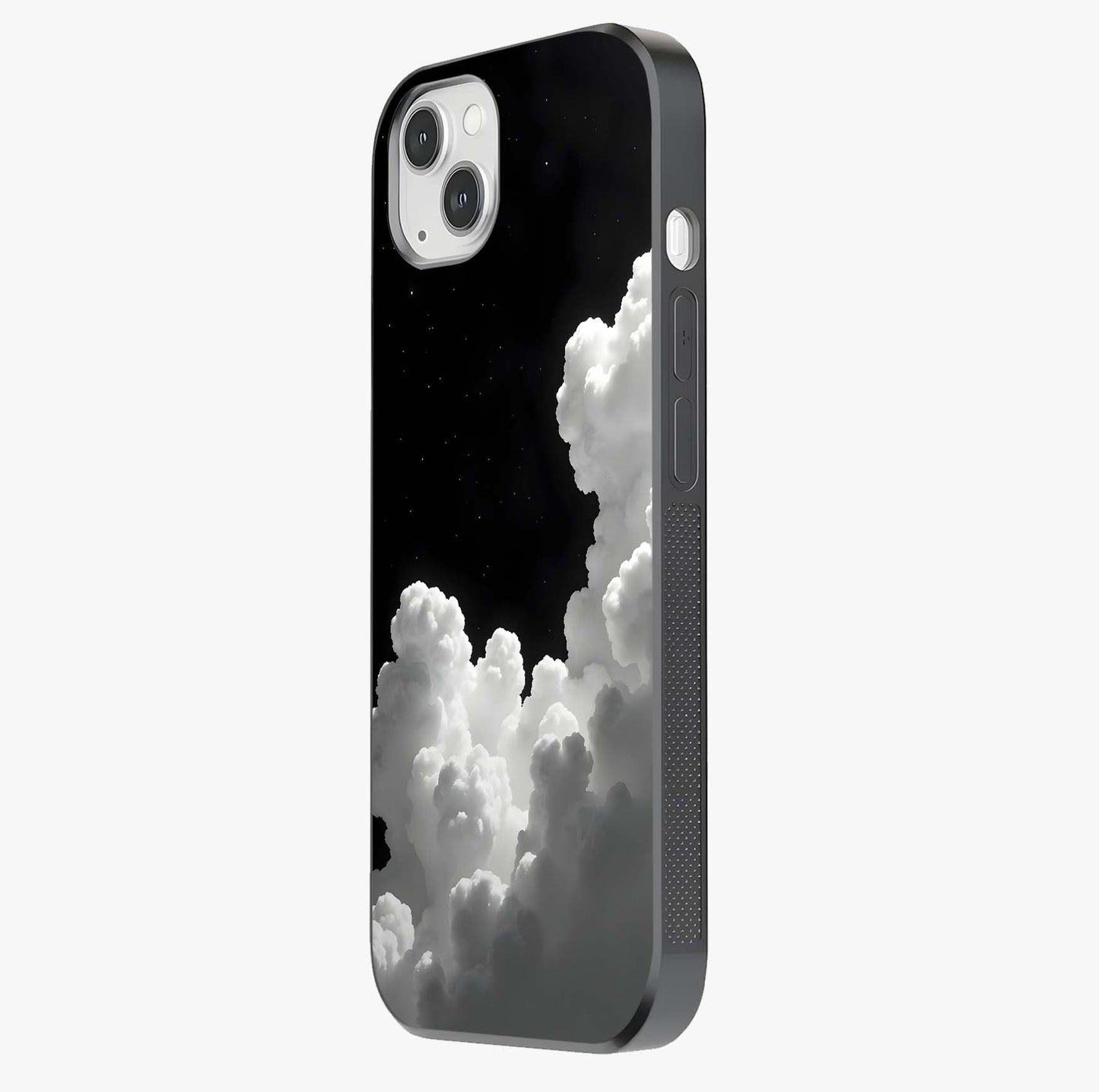 Black Background With White Cloud Glass Case photographed in natural light showing reflective finish and design depth.
