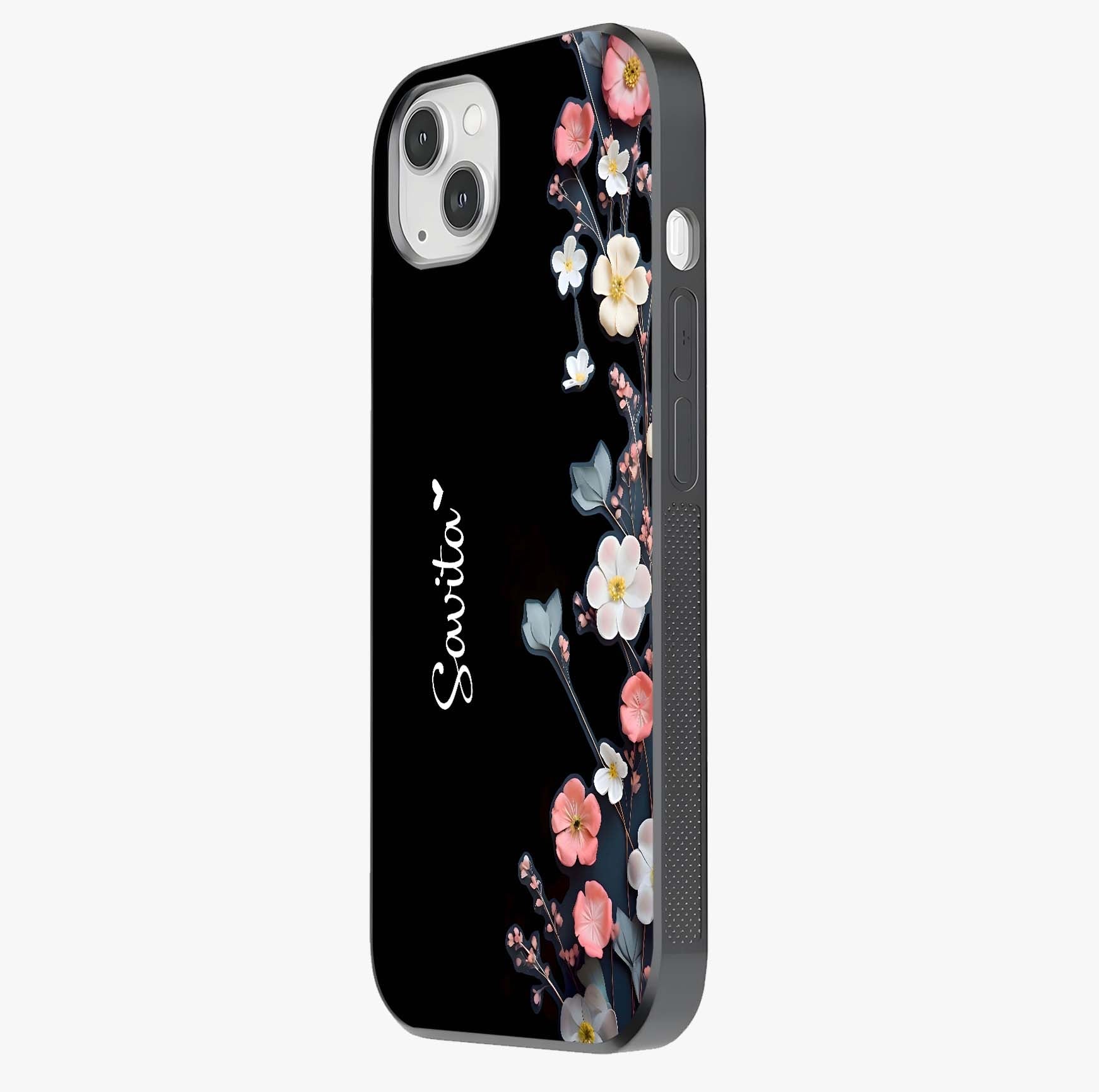 Black Elegance Floral Custom Name Glass Case photographed in natural light showing reflective finish and design depth.