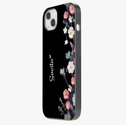 Black Elegance Floral Custom Name Glass Case photographed in natural light showing reflective finish and design depth.