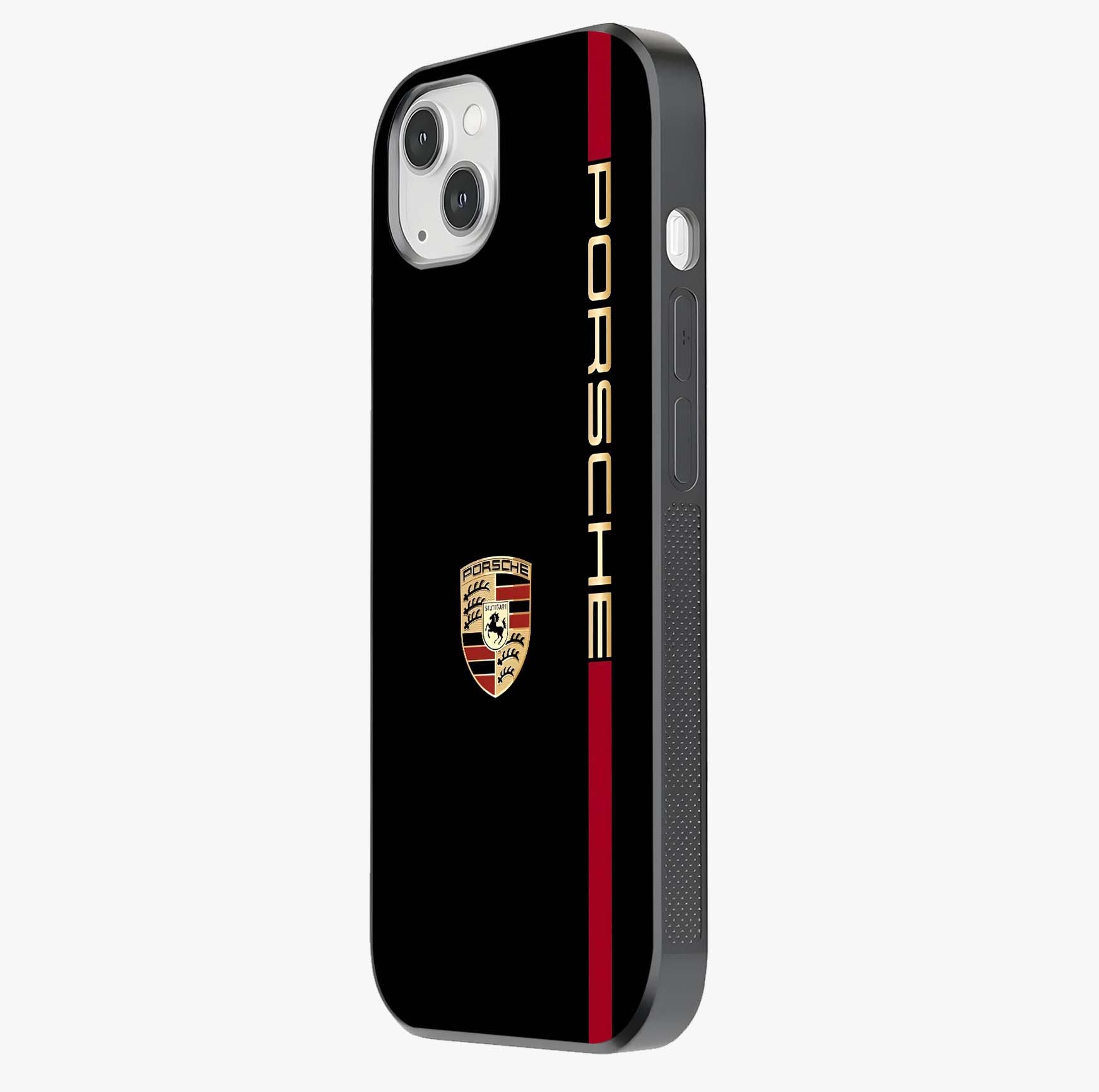 Black Minimal Porsche Glass Case photographed in natural light showing reflective finish and design depth.