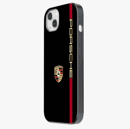 Black Minimal Porsche Glass Case photographed in natural light showing reflective finish and design depth.