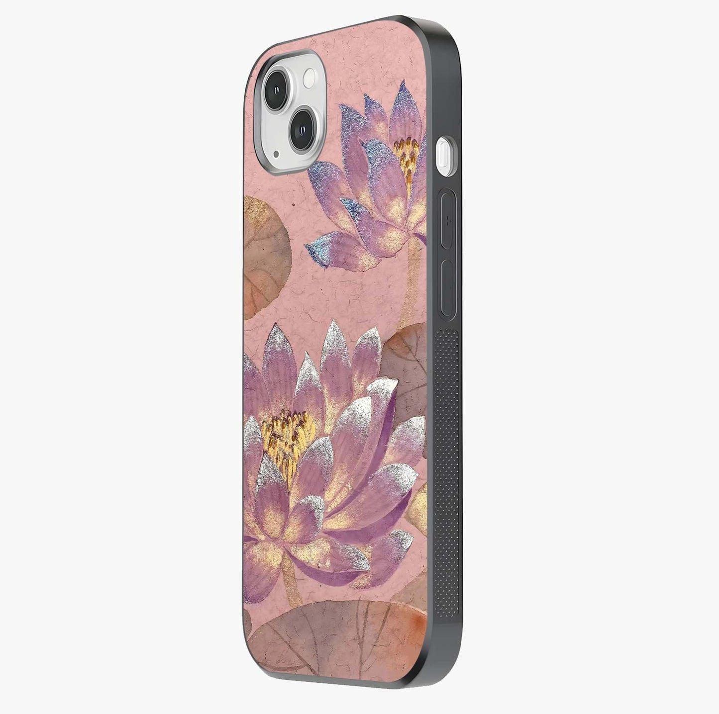 Blossom Mist Lotus Glass Case photographed in natural light showing reflective finish and design depth.