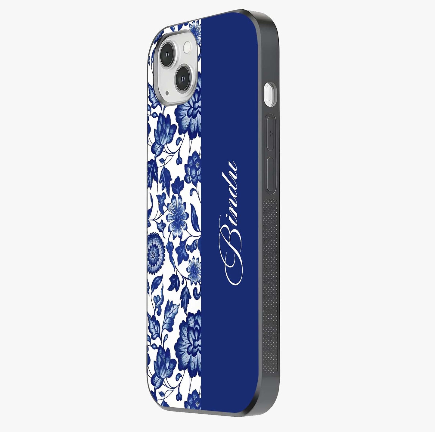 Blue Vintage Floral Pattern Glass Case photographed in natural light showing reflective finish and design depth.