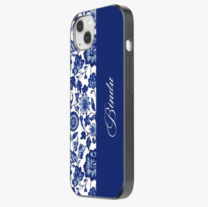 Blue Vintage Floral Pattern Glass Case photographed in natural light showing reflective finish and design depth.