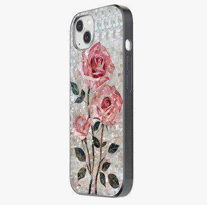 Blush Mosaic Bloom Glass Case photographed in natural light showing reflective finish and design depth.