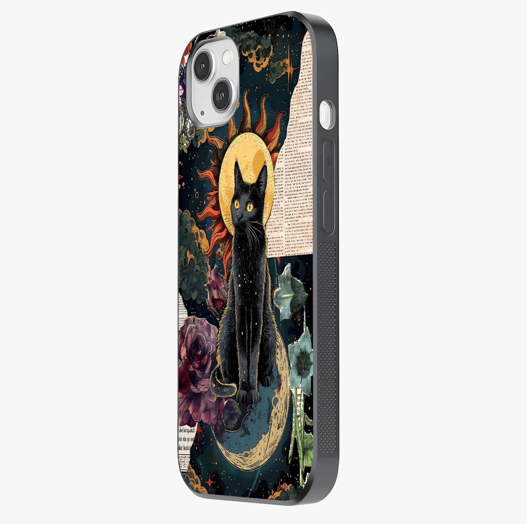 Celestial Black Cat Glass Case photographed in natural light showing reflective finish and design depth.