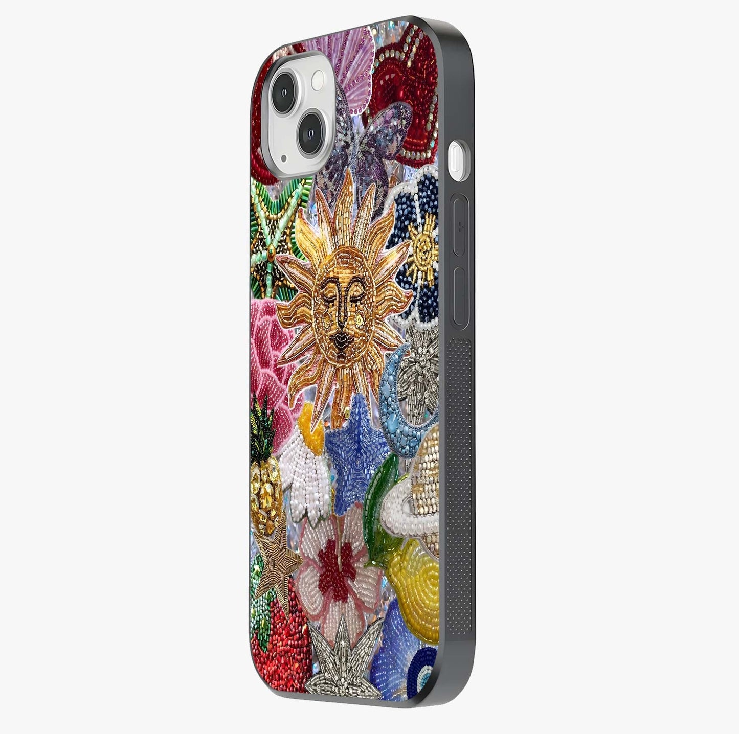 Celestial Floral And Playful Glass Case photographed in natural light showing reflective finish and design depth.