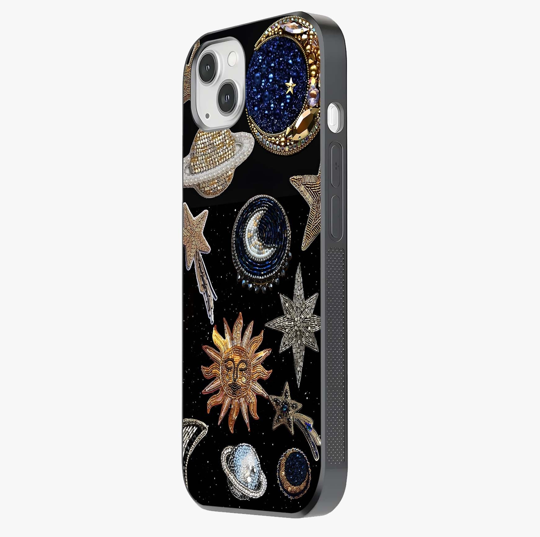 Celestial Gem Constellations Glass Case photographed in natural light showing reflective finish and design depth.